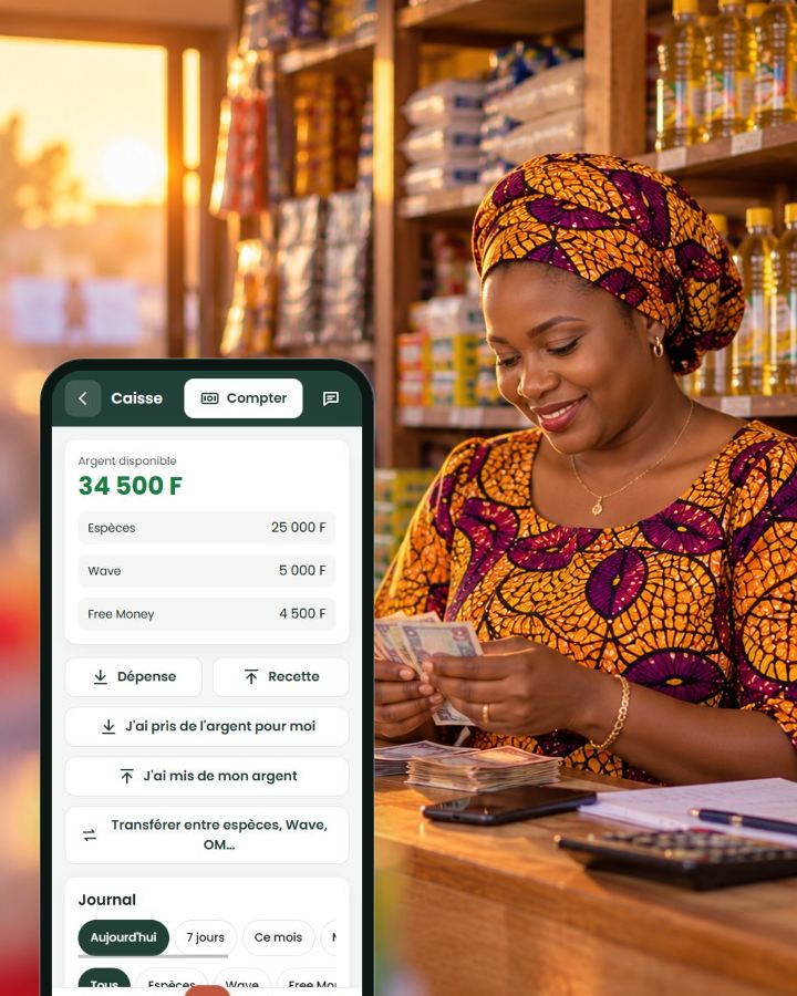L’écran Caisse de JëndJaay, devant une commerçante qui compte ses billets