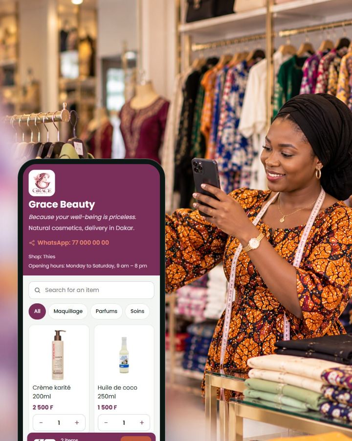 A shop’s sales website, in front of a shop owner photographing a garment