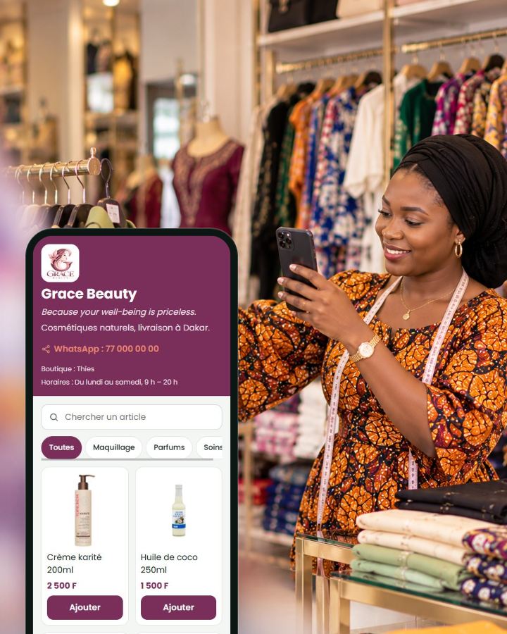 Le site de vente d’une boutique, devant une commerçante qui photographie un vêtement